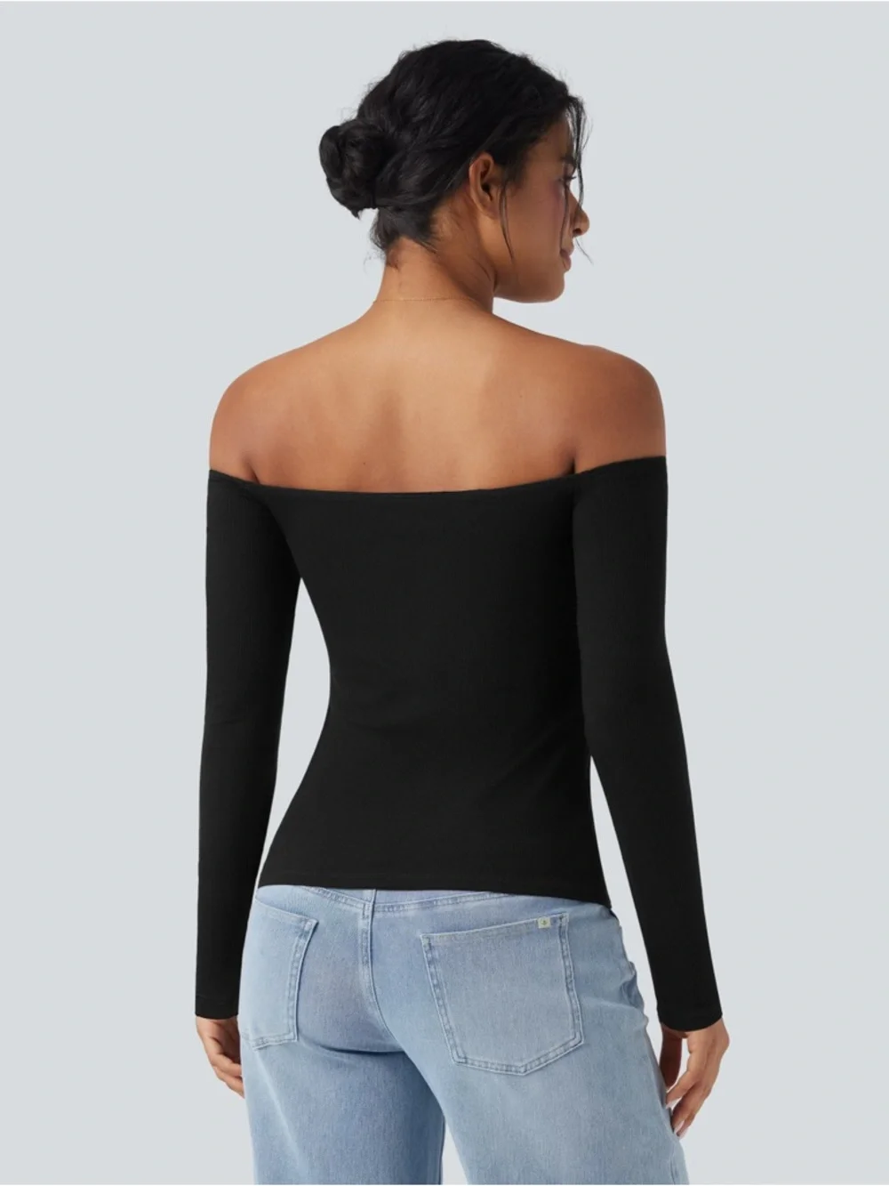 Halara Ribbed Knit Off Shoulder Long Sleeve 2-in-1 Casual Top Black Small